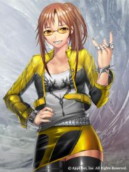  \m/ bad_id bad_pixiv_id brown_hair female furyou_michi_~gang_road~ glasses grin jewelry official_art ponytail ring shijima_(tanfn) skirt smile sunglasses thighhighs 