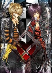  2boys amnesia_(idea_factory) bishounen black_hair blonde_hair card chains choker clothes_around_waist commentary_request green_eyes jacket male_focus megumi_(redpapaver) multiple_boys pants photoshop_(medium) playing_card red_eyes shin_(amnesia) shirt shirt_around_waist toma_(amnesia) tongue 