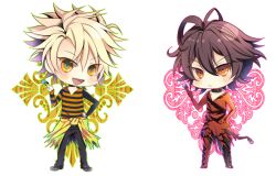  2boys ahoge amnesia_(idea_factory) bishounen black_hair blonde_hair chibi choker clothes_around_waist commentary_request full_body male_focus megumi_(redpapaver) messy_hair multiple_boys pants red_eyes shin_(amnesia) shirt shirt_around_waist smile spiked_hair toma_(amnesia) transparent_background yellow_eyes 