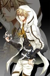  1boy amnesia_(idea_factory) black_background blonde_hair commentary_request cuffs handcuffs highres hood jacket male_focus megumi_(redpapaver) orange_eyes pants photoshop_(medium) shirt smile solo toma_(amnesia) zoom_layer 