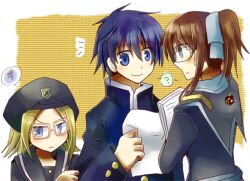  ? arm_holding armband black_hair blonde_hair blue_eyes blush brown_hair frustrated glasses gloves hair_ribbon hat jacket jealous kikaijima_mogana kumagawa_misogi medaka_box question_mark ribbon school_uniform short_hair takarabe_ima uniform 