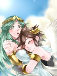  1boy bare_shoulders breasts brown_hair female green_eyes green_hair hug jewelry kid_icarus long_hair lots_of_jewelry nintendo palutena pit pit_(kid_icarus) pixiv_thumbnail resized short_hair wasabi_(legemd) wings 