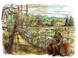  1boy cloud edward_elric fence fullmetal_alchemist grass house kiwakiwa landscape male_focus newspaper painting_(medium) ponytail reading rural solo suitcase traditional_media tree watercolor_(medium) 