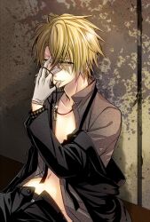  1boy amnesia_(idea_factory) bad_id bad_pixiv_id blonde_hair gloves hand_over_face jacket jewelry key male_focus necklace open_clothes pants sitting solo toma_(amnesia) yamika yellow_eyes 