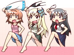  3girls arm_up barefoot black_hair black_panties blonde_hair blush_stickers boku_wa_tomodachi_ga_sukunai bow bow_panties brown_eyes brown_hair bug butterfly clothes_theft commentary_request crossover female_pervert flower green_eyes hair_flower hair_ornament hairband holding holding_clothes holding_panties holding_underwear itou_kanae kashiwazaki_sena leg_up long_hair moja_(gibson) multiple_crossover multiple_girls nagatsuki_sanae oerba_yun_fang open_mouth panties pervert polka_dot polka_dot_panties sakugawa_school_uniform saten_ruiko school_uniform serafuku shinryaku!_ikamusume short_hair side-tie_panties skirt st._chronica_academy_school_uniform summer_uniform tank_top theft toaru_kagaku_no_railgun toaru_majutsu_no_index trait_connection underwear underwear_theft untied_panties unworn_panties voice_actor_connection white_panties 