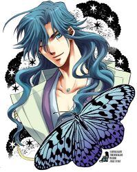  1boy blue_butterfly blue_eyes blue_hair bug butterfly commentary_request harukanaru_toki_no_naka_de harukanaru_toki_no_naka_de_1 hayama_makoto long_hair lowres male_focus one_eye_closed smile solo tachibana_no_tomomasa white_background 