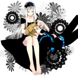  1boy america_(hetalia) axis_powers_hetalia bad_id bad_pixiv_id bare_shoulders barefoot belarus_(hetalia) belt black_dress blonde_hair blue_eyes bow breasts cleavage couple dress dress_shirt feet female flower glasses hairband hairbow lap_pillow legs long_hair lying necktie removing_eyewear shirt sitting small_breasts straight suzushiro unbuttoned white_hair 