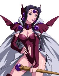  :d alcyone_(rayearth) armor blue_eyes blue_hair breasts cape cleavage clothing_cutout commentary_request detached_collar detached_sleeves facial_mark female forehead_jewel forehead_mark gem hair_ornament hand_on_own_hip high_collar highleg highleg_leotard holding leotard lipstick long_hair looking_at_viewer magic_knight_rayearth makeup medium_breasts navel navel_cutout open_mouth pauldrons photoshop_(medium) purple_lips rakusai_(saisai_garou) red_leotard shoulder_armor sidelocks simple_background smile solo staff standing thighhighs very_long_hair white_background 