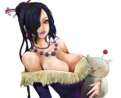  black_hair breasts cleavage commentary_request dress female final_fantasy final_fantasy_x hair_over_one_eye jewelry kazaana large_breasts light_smile lips lipstick long_hair lulu_(ff10) makeup mole mole_under_mouth moogle necklace photoshop_(medium) pink_eyes simple_background solo strapless strapless_dress 