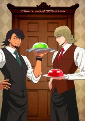  2boys apron argyle_background bad_id bad_pixiv_id barnaby_brooks_jr. bead_bracelet beads beard blonde_hair bracelet brown_eyes brown_hair commentary_request copyright_name dark-skinned_male dark_skin dessert door facial_hair flipped_hair food gelatin glasses green_eyes green_necktie grin hand_on_own_hip hand_up highres holding holding_plate jewelry kaburagi_t._kotetsu long_sleeves looking_at_viewer multiple_boys necktie nuzuki_(mamewo) official_style parted_lips plate red_necktie rimless_eyewear shirt short_hair sideways_glance sleeves_pushed_up smile stubble tiger_&amp;_bunny vest waist_apron waistcoat waiter watch white_shirt wristwatch 