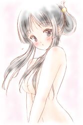  :o akiyama_mio alternate_hairstyle bad_id bad_pixiv_id black_eyes black_hair bluez blush breasts completely_nude female hime_cut k-on! large_breasts long_hair nude solo v_arms 