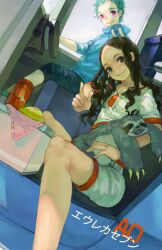  1boy aqua_hair arata_naru black_eyes black_hair box breasts bunny_ears_prank car car_interior carrying claws commentary_request copyright_name crop_top dutch_angle eureka_seven_(series) eureka_seven_ao female from_side fukai_ao head_tilt hood hoodie light_smile motor_vehicle moyuvvx noah_(eureka_seven_ao) outstretched_arm purple_eyes right-hand_drive short_shorts short_sleeves shorts sitting sloth_(animal) small_breasts smile spandex steering_wheel tan v wavy_hair 