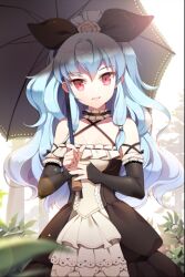  bare_shoulders blue_hair detached_sleeves dress female flower frilled_dress frills gilse hair_ribbon holding linus_falco long_hair looking_at_viewer lowres open_mouth red_eyes ribbon rose smile solo sword_girls umbrella very_long_hair wavy_hair 