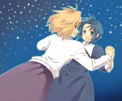  2girls arcueid_brunestud blonde_hair blue_eyes blue_hair ciel_(tsukihime) commentary_request habit holding_hands interlocked_fingers long_skirt multiple_girls nun photoshop_(medium) pikakoya purple_skirt red_eyes short_hair skirt sky star_(sky) starry_sky sweater tsukihime turtleneck yuri 