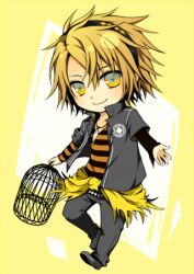  1boy amnesia_(idea_factory) birdcage blonde_hair cage clothes_around_waist cocori commentary_request diamond_(shape) full_body hairband jacket jewelry lowres male_focus necklace pants shirt shirt_around_waist shoes smile solo toma_(amnesia) yellow_background yellow_eyes 