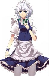  apron ashiwara_yuu black_thighhighs blue_eyes bow braid commentary_request female hairbow hand_on_own_chest izayoi_sakuya maid maid_headdress short_hair smile solo thighhighs touhou twin_braids white_hair wristband 