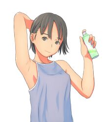  arm_up armpits bare_shoulders black_eyes black_hair commentary_request female flash_tomo original painttool_sai_(medium) partial_commentary short_hair simple_background solo 