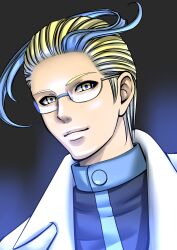  1boy absurdres akuroma_(pokemon) artist_request blonde_hair blue_hair glasses highres hyakugai lab_coat labcoat male male_focus multicolored_hair nintendo pokemon pokemon_(game) pokemon_bw2 solo two-tone_hair yellow_eyes 