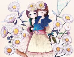  2girls bad_id bad_pixiv_id blue_eyes book bow braid brown_hair closed_eyes earrings felt flower flower_earrings hair_flower hair_ornament headdress holding jewelry matching_earrings mole multiple_girls original pleated_skirt puffy_sleeves short_hair siblings sisters skirt star_(symbol) twins vest 