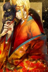  1boy akuram blonde_hair blue_eyes commentary_request fingernails harukanaru_toki_no_naka_de harukanaru_toki_no_naka_de_1 heian highres japanese_clothes kanyamerian kimono long_hair male_focus mask nail_polish oni_mask red_nails solo yellow_background 