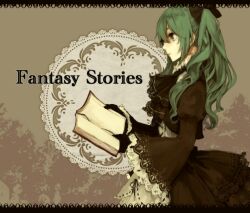  book commentary_request crimsonseed dress female gloves green_eyes green_hair hatsune_miku long_hair profile solo vocaloid 