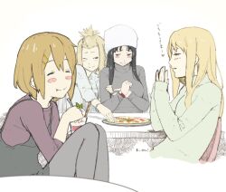  4girls akiyama_mio alternate_hairstyle bad_id bad_pixiv_id black_eyes black_hair blush blush_stickers closed_eyes food gorou-ya hirasawa_yui hug k-on! kotobuki_tsumugi long_hair margherita_pizza multiple_girls pantyhose photoshop_(medium) pizza shy smile tainaka_ritsu 