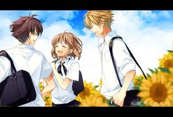  2boys amnesia_(idea_factory) bad_id bad_pixiv_id bag black_hair blonde_hair brown_hair closed_eyes cloud copyright_name day female flower group_picture heroine_(amnesia) icylove letterboxed multiple_boys school_uniform shin_(amnesia) shirt short_hair sky smile sunflower toma_(amnesia) 