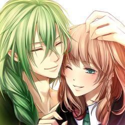  1boy amnesia_(idea_factory) bishounen blush braid commentary_request female green_eyes green_hair hair_over_shoulder heroine_(amnesia) long_hair one_eye_closed ouka_mai smile ukyou_(amnesia) white_background 