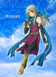  bare_shoulders belt female fire_emblem fire_emblem:_akatsuki_no_megami grey_hair micaiah pantyhose scarf yellow_eyes 