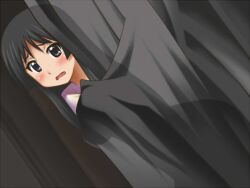  akiyama_mio awa black_eyes black_hair blush curtain curtains female hiding k-on! long_hair solo 