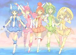  5girls ^_^ aoki_reika blonde_hair blue_eyes blue_hair blue_skirt boots bow choker closed_eyes commentary_request cure_beauty cure_happy cure_march cure_peace cure_sunny double_v green_choker green_hair green_skirt hair_flaps hino_akane_(smile_precure!) hoshizora_miyuki knee_boots magical_girl midorikawa_nao multiple_girls one_eye_closed orange_choker orange_hair orange_skirt photoshop_(medium) pink_bow pink_eyes pink_hair pink_skirt ponytail precure skirt smile smile_precure thighhighs tiara toromi_chuuka twintails v white_legwear yayoi_kise yellow_bow yellow_choker yellow_eyes yellow_skirt 