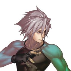  1boy abs bad_link brown_eyes fighting_stance fingerless_gloves gloves grey_hair hinukan_crow male_focus muscular profile raglan_sleeves skin_tight solo spiked_hair tomoyuki_kotani transparent_background yatagarasu_(game) 