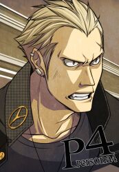  1boy bad_id bad_pixiv_id black_eyes blonde_hair choumoku_(toriko_b_c) copyright_name ear_piercing earrings jacket jacket_on_shoulders jewelry male_focus necklace persona persona_4 photoshop_(medium) piercing scar scowl solo tatsumi_kanji widow&#039;s_peak 