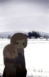  2girls blush breath brown_eyes brown_hair coat commentary_request earmuffs highres holding_another&#039;s_arm long_hair mizu_asato mountain multiple_girls open_mouth original outdoors rural scarf scenery short_hair smile snow winter winter_clothes 