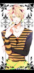  1boy amnesia_(idea_factory) blonde_hair card clothes_around_waist collarbone commentary_request highres holding holding_card male_focus megumi_(redpapaver) orange_eyes playing_card shirt shirt_around_waist short_hair smile solo striped_clothes striped_shirt toma_(amnesia) 