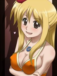  awa blonde_hair blush breasts brown_eyes cleavage fairy_tail female heart lucy_heartfilia solo 