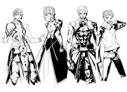  3boys ahoge archer_(fate) armor artoria_pendragon_(fate) commentary_request dark-skinned_male dark_skin dress earrings emiya_shirou fate/hollow_ataraxia fate/stay_night fate_(series) female gilgamesh_(fate) greyscale jewelry monochrome multiple_boys photoshop_(medium) raglan_sleeves saber_(fate) shaliva short_hair tattoo topless_male white_background 