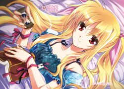  blonde_hair book bow commentary_request fate_testarossa female hair_ribbon hourglass kanna_(plum) long_hair lying lyrical_nanoha mahou_shoujo_lyrical_nanoha on_back on_bed photoshop_(medium) red_eyes ribbon smile solo twintails 