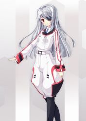  belt blue_necktie commentary_request ebicha eyepatch female grey_hair infinite_stratos jodhpurs laura_bodewig necktie pants red_eyes solo standing uniform 