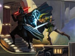  2boys armor blonde_hair cape crossover darth_vader fight fighting helmet lightning link multiple_boys nintendo sith star_wars sword the_legend_of_zelda weapon 