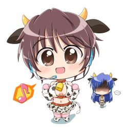  ... 2girls animal_ears animal_print bell blue_hair blush breast_envy brown_eyes brown_hair chibi collar commentary_request cosplay cow_ears cow_girl cow_horns cow_print cow_tail cowbell eighth_note gloves headset horns idolmaster idolmaster_(classic) idolmaster_cinderella_girls in-franchise_crossover kisaragi_chihaya midriff multiple_girls musical_note navel neck_bell no_eyes oikawa_shizuku oikawa_shizuku_(cosplay) open_mouth shaded_face simple_background skirt smile speech_bubble spoken_ellipsis spoken_musical_note tail wagomu17 white_background 