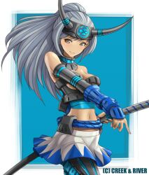  armor bad_id bad_pixiv_id belt brown_eyes female grey_hair headband hirobee horns long_hair midriff navel original science_fiction sheath sheathed shirt_on_shoulders skirt solo sword weapon 