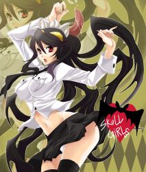  black_hair black_thighhighs breasts coco_(eccentricrouge) commentary_request extra_mouth female filia_(skullgirls) highleg highleg_panties large_breasts long_tongue midriff nail_polish narrow_waist navel necktie panties pantyshot photoshop_(medium) prehensile_hair red_eyes samson_(skullgirls) school_uniform skirt skullgirls solo thighhighs tongue underwear zoom_layer 