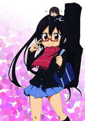  2girls 3_3 bag bespectacled black_hair borrowed_clothes brown_eyes brown_hair chida_daisuke commentary_request cosplay eyewear_switch glasses guitar_case instrument_case k-on! long_hair long_sleeves manabe_nodoka manabe_nodoka_(cosplay) multiple_girls nakano_azusa over_shoulder rectangular_eyewear red-framed_eyewear red_scarf sakuragaoka_high_school_uniform scarf school_uniform semi-rimless_eyewear short_hair skirt smile striped_clothes striped_scarf twintails under-rim_eyewear 