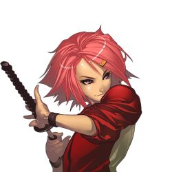  female hair_ornament hairclip hina_(yatagarasu) jacket katana official_art pink_eyes pink_hair profile sheath sleeves_rolled_up smile solo sword tomoyuki_kotani track_jacket transparent_background unsheathing weapon wristband yatagarasu_(game) 