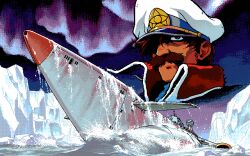  1990s_(style) 1boy aurora dithering facial_hair fushigi_no_umi_no_nadia hat iceberg male_focus military military_uniform moustache nautilus_(nadia) nemo_(nadia) non-web_source ocean official_art one_eye_covered pc-98_(style) peaked_cap pixel_art projected_inset retro_artstyle sky submarine uniform watercraft waves 