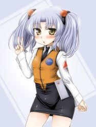  aru_ra_une blue_hair blush brown_eyes commentary_request female highres hoshino_ruri kidou_senkan_nadesico long_hair necktie photoshop_(medium) solo twintails uniform v 