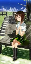  absurdres bad_id bad_pixiv_id bench brown_eyes brown_hair cloud day female grass hagiwara_yukiho hajime_kaname hands_on_own_chest highres idolmaster idolmaster_(classic) open_mouth railing short_hair sitting sky smile solo stairs sunlight tree 