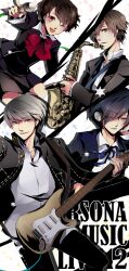  3boys blue_eyes blue_hair bow brown_eyes brown_hair commentary_request female gekkoukan_high_school_uniform grey_eyes grey_hair guitar hair_over_one_eye headphones highres instrument jikei kanzato_shin microphone multiple_boys naginomori_gakuen_high_school_uniform narukami_yuu one_eye_closed persona persona_3 persona_3_portable persona_4 persona_trinity_soul red_eyes ribbon saxophone school_uniform shiomi_kotone short_hair smile yasogami_school_uniform yuuki_makoto_(persona_3) 