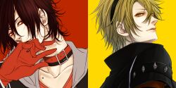  2boys amnesia_(idea_factory) bad_id bad_pixiv_id bishounen black_hair blonde_hair brown_eyes choker gloves heartxboy male_focus multiple_boys red_background red_eyes shin_(amnesia) toma_(amnesia) yellow_background 